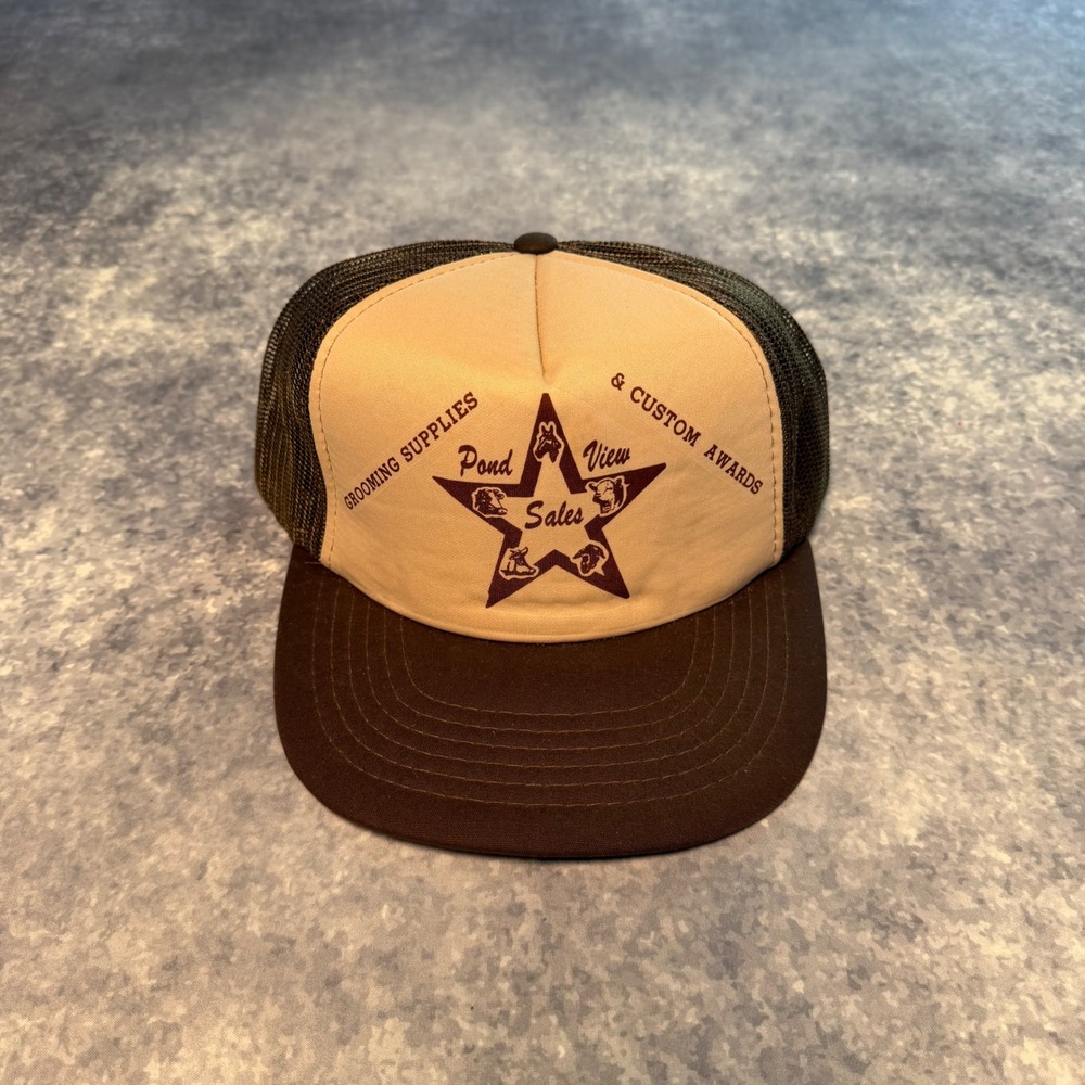 VTG Xpres Caps Pond View Sales Trucker Hat Snapback Brown Tan Farming Mesh 80s